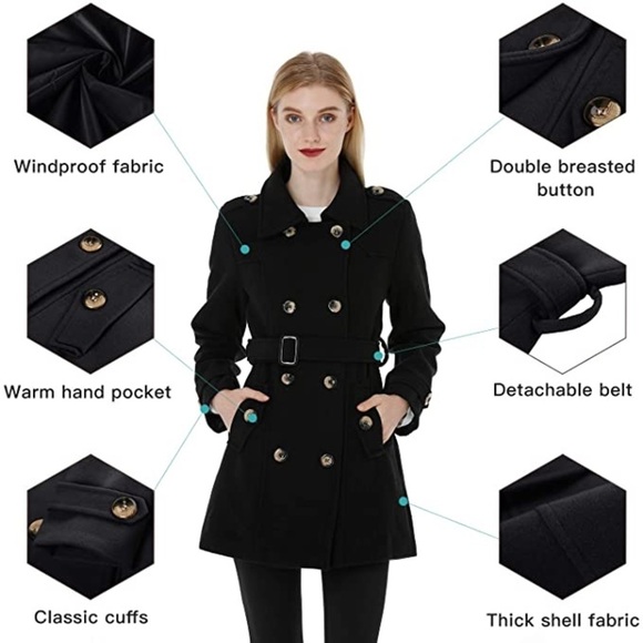 New Women's Double Breasted Trench Coat Pea Coat Winter Mid-Long with Belt - Picture 4 of 5
